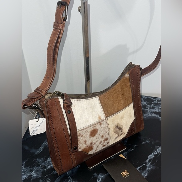 FRYE Handbag Melissa Haircalf Patchwork Leather Zip Crossbody Brown AUTHENTIC - Picture 7 of 10